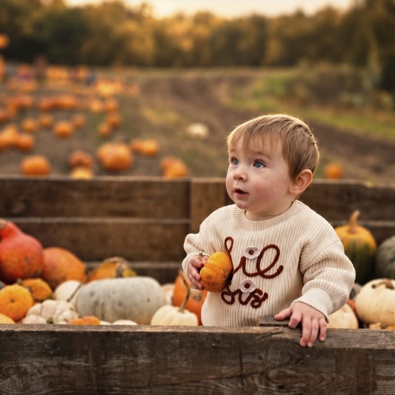 Toddler holding a small pumpkin in a pumpkin patch