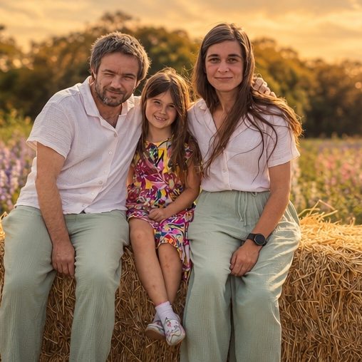 Family sitting on hay bales by a flower field