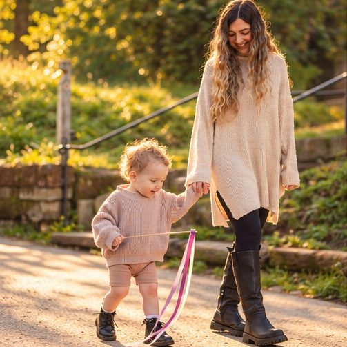 Mum and toddler walking hand in hand