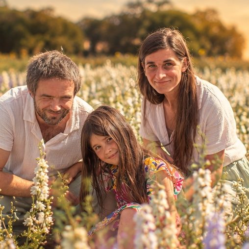 Family kneeling in a field of delphiniums