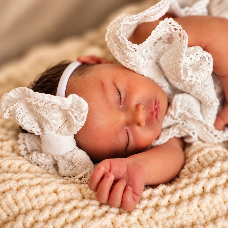 Newborn girl asleep in a white lace dress on a cream blanket